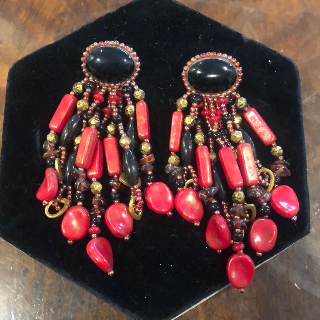 Vintage Chipita Onyx And Red Semi-Precious Earrings-Boutique